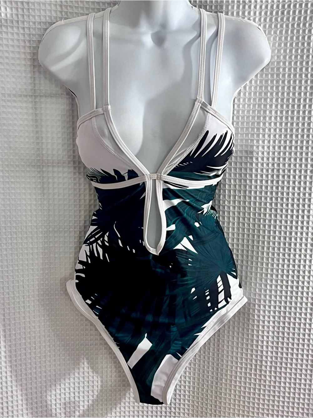 Rotita White One-Piece Swimsuit with Teal Palm Print and Cutout size XL